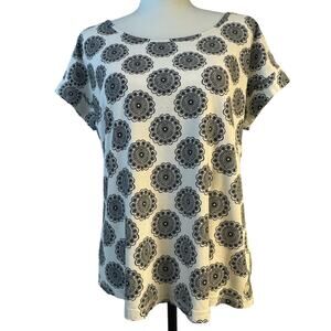 Talbots Medallion Scoop Neck Cap Sleeve Cotton Blend Top Women L White Black